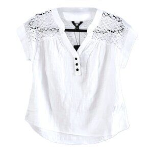 Frye White Top Blouse Cotton Ribbed Texture Crochet Trim Short Sleeve Sz S  NEW